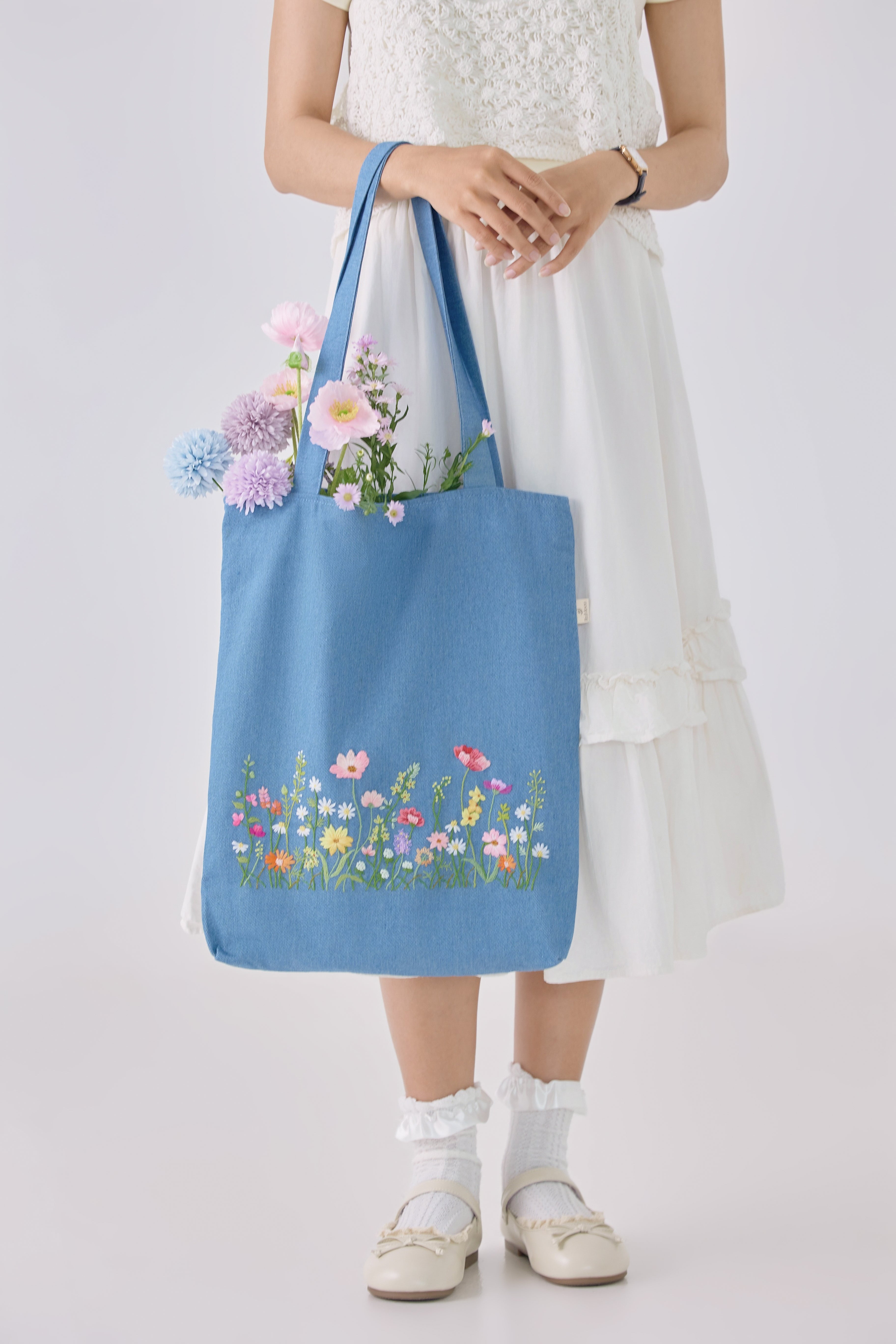 Garden Hand Embroidery Jean Tote Bag