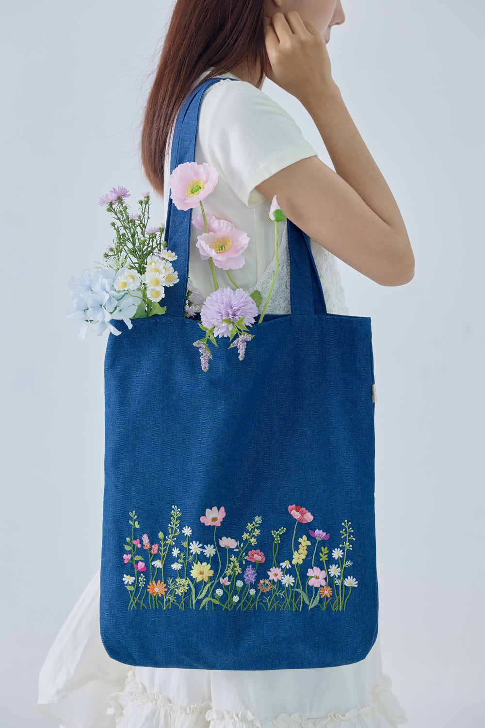 Blush Garden Embroidery Jean Tote Bag