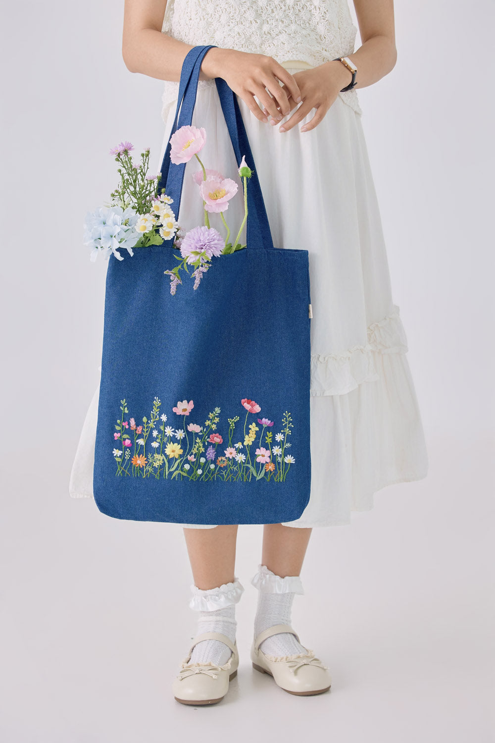 Blush Garden Embroidery Jean Tote Bag