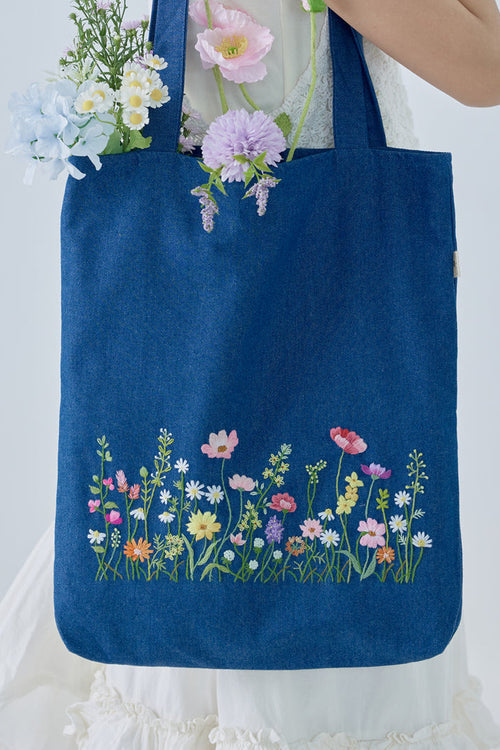 Blush Garden Embroidery Jean Tote Bag