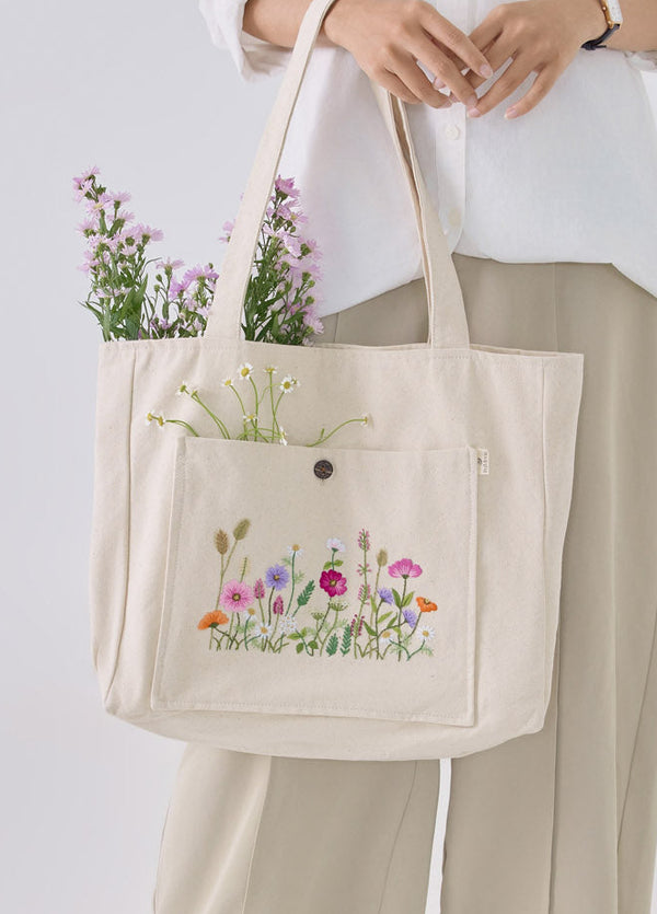 Wildflowers Embroidery Off white Tote Bag