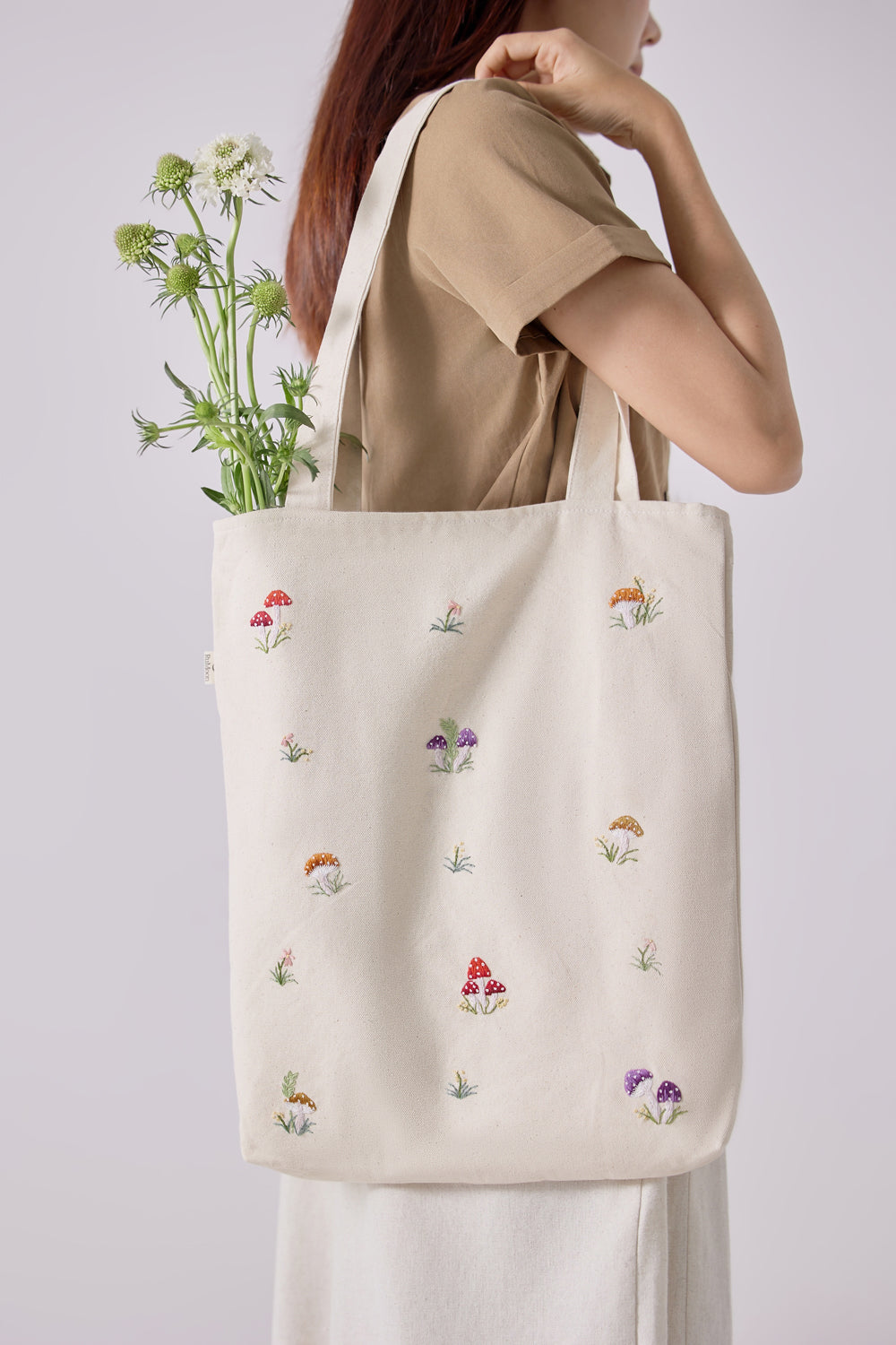Mushroom Embroidery Tote Bag Beige
