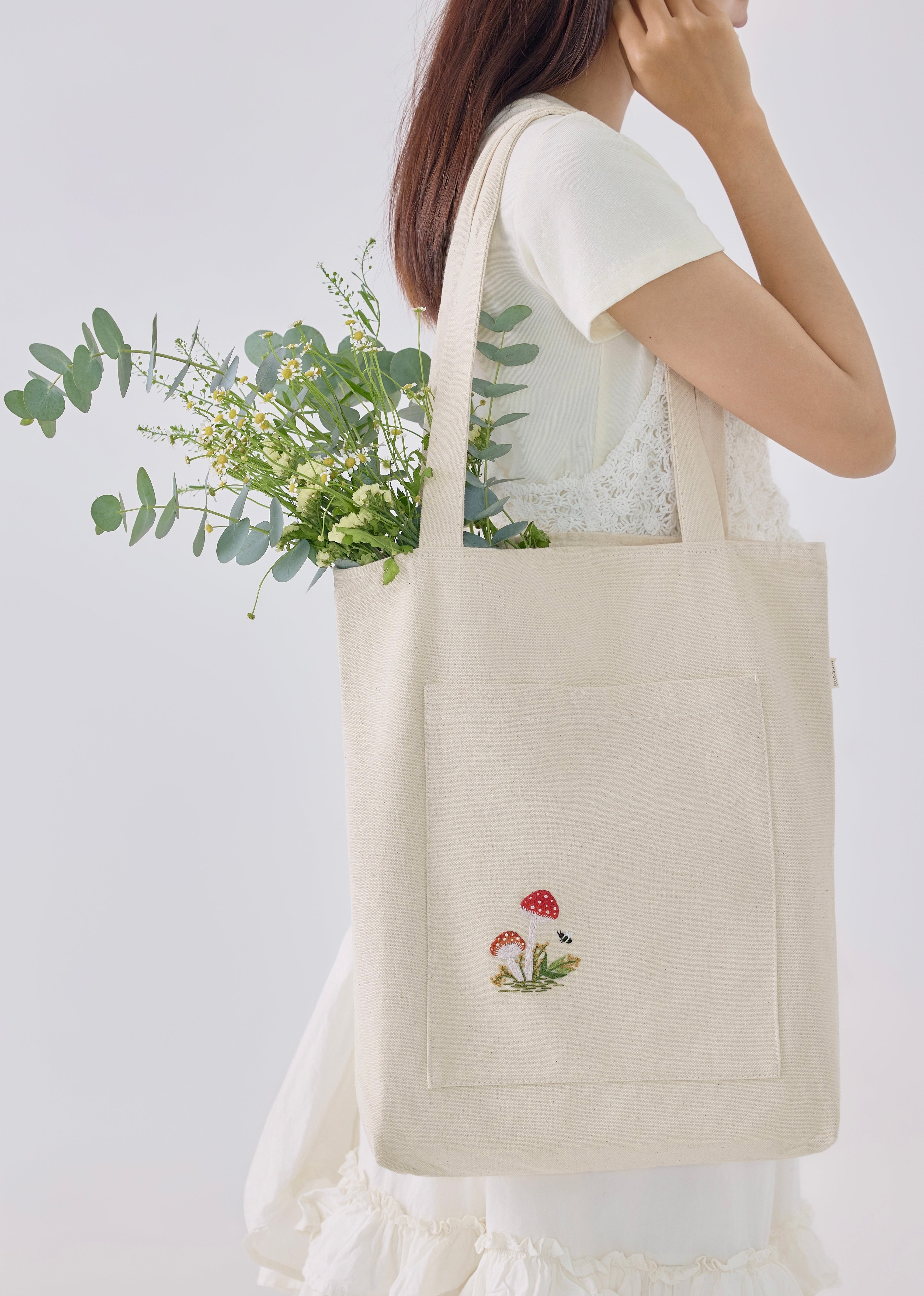 Mushroom Pocket Embroidery Tote Bag