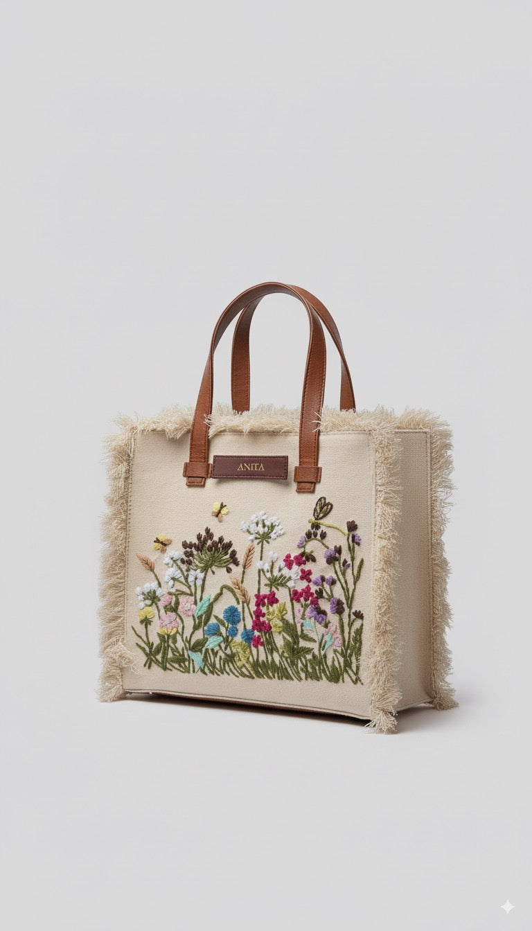 Customized Canvas Multi Floral Embroidered Serene Bag Black/White