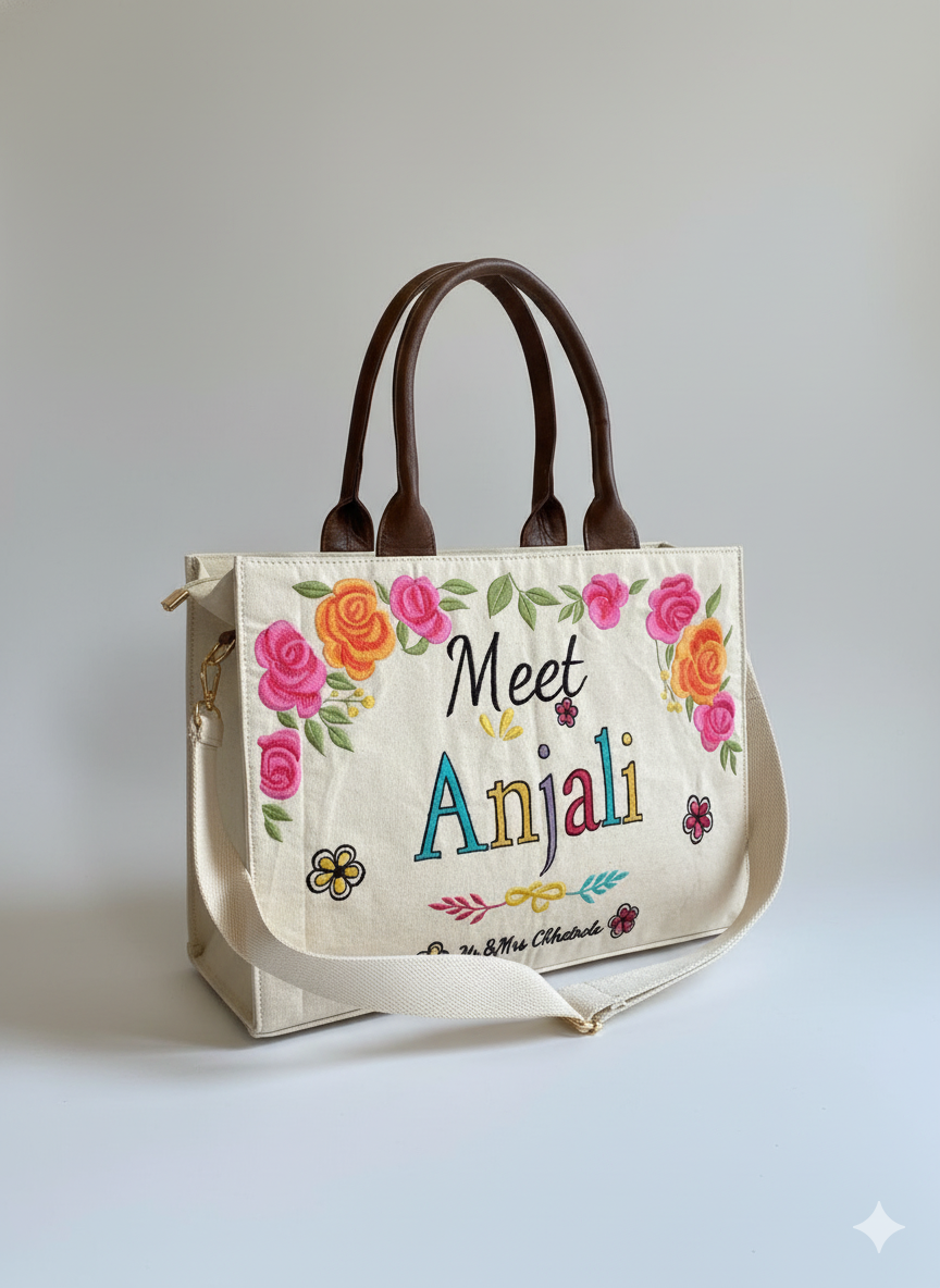 Customized Canvas Multi Floral Embroidered Mother bag