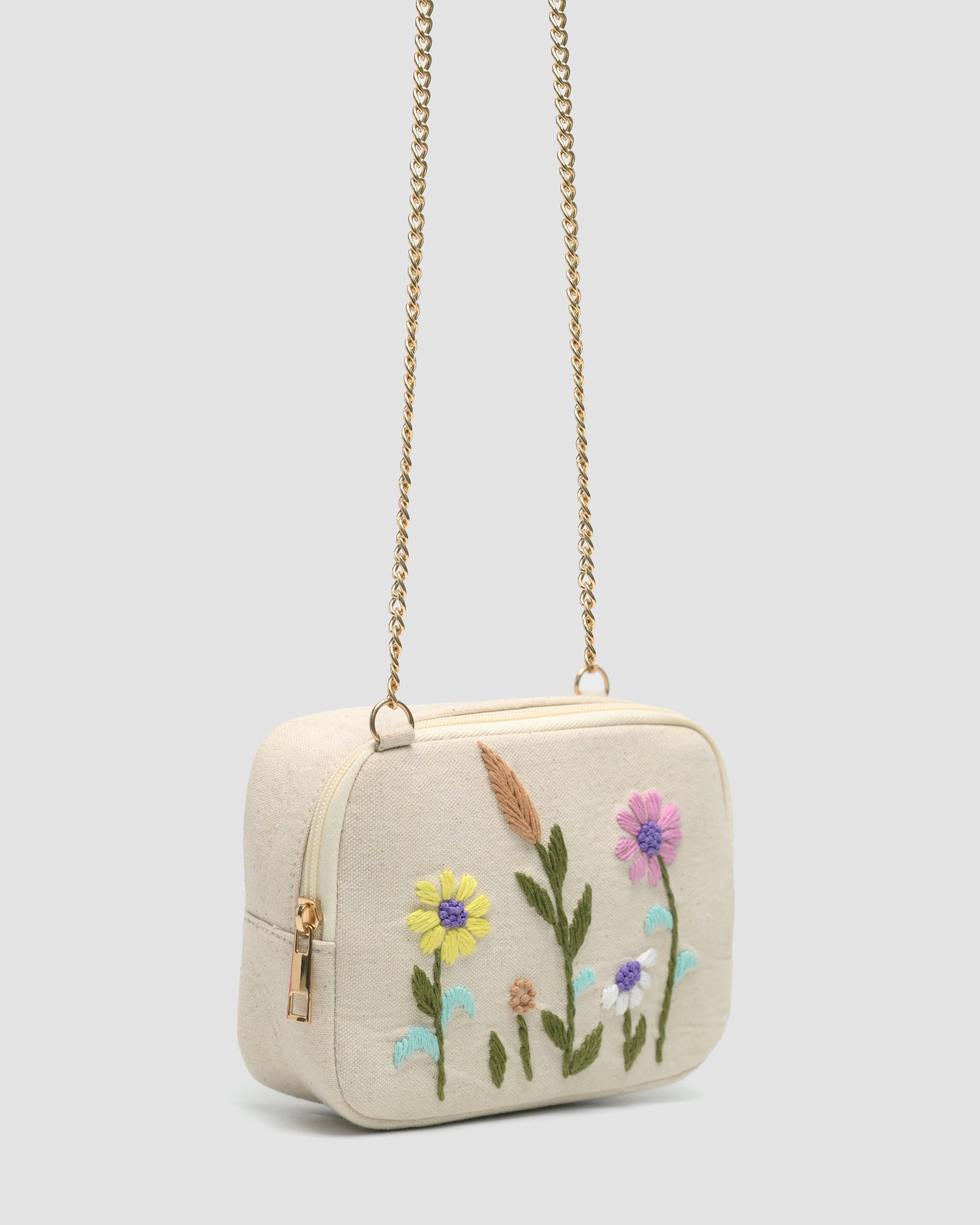 Embroidery Sling Bag - Beige