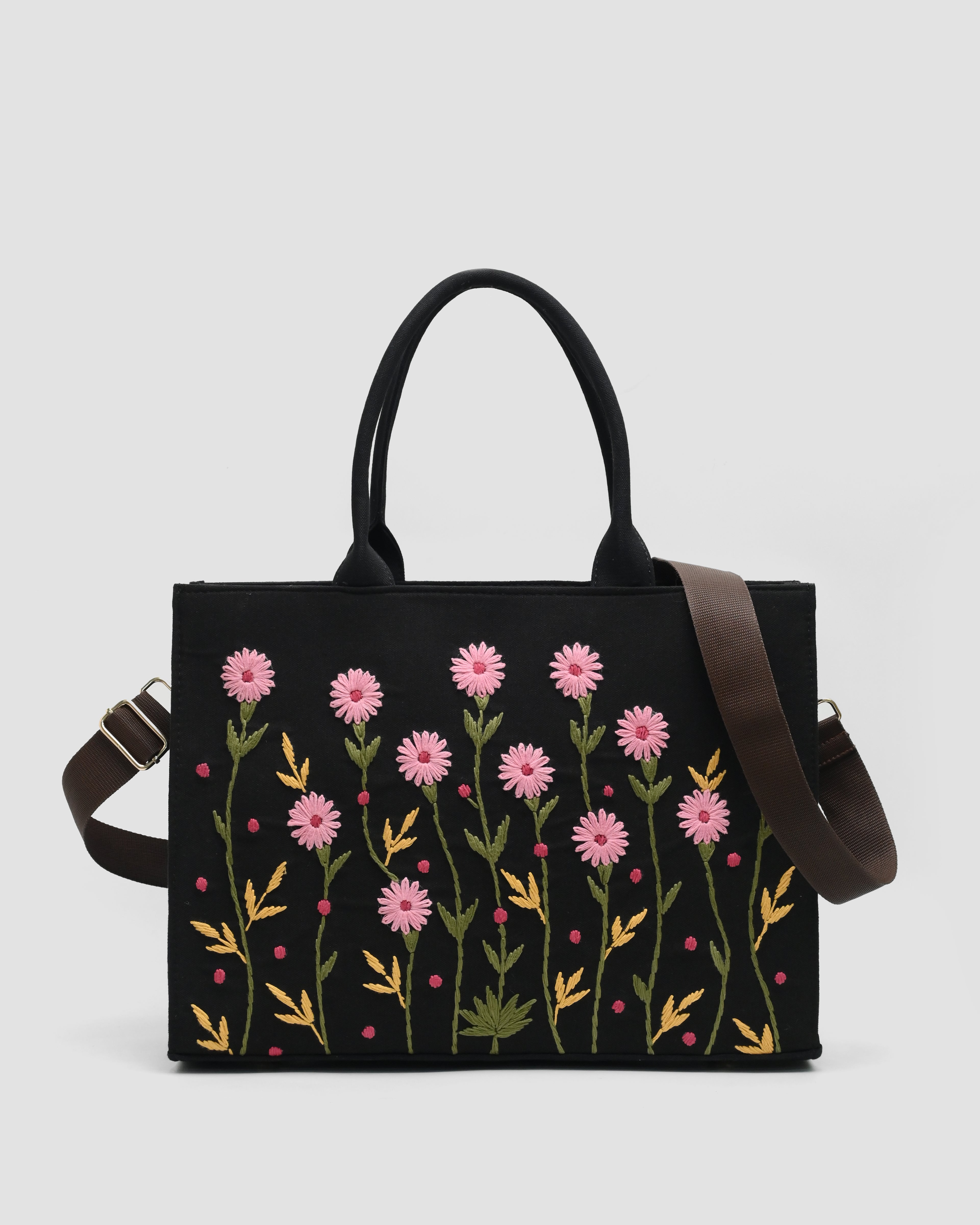Canvas Multi Floral Embroidered Bag - Black