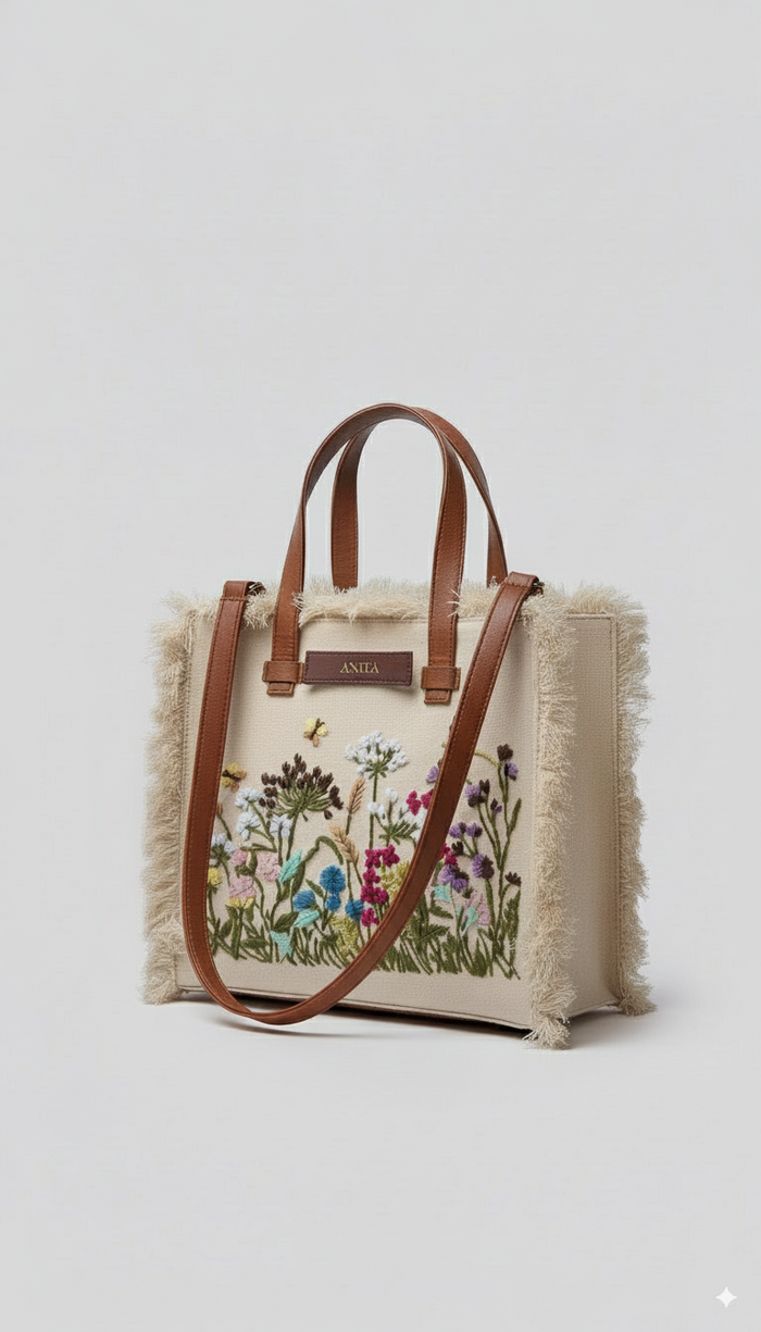 Customized Canvas Multi Floral Embroidered Serene Bag Black/White