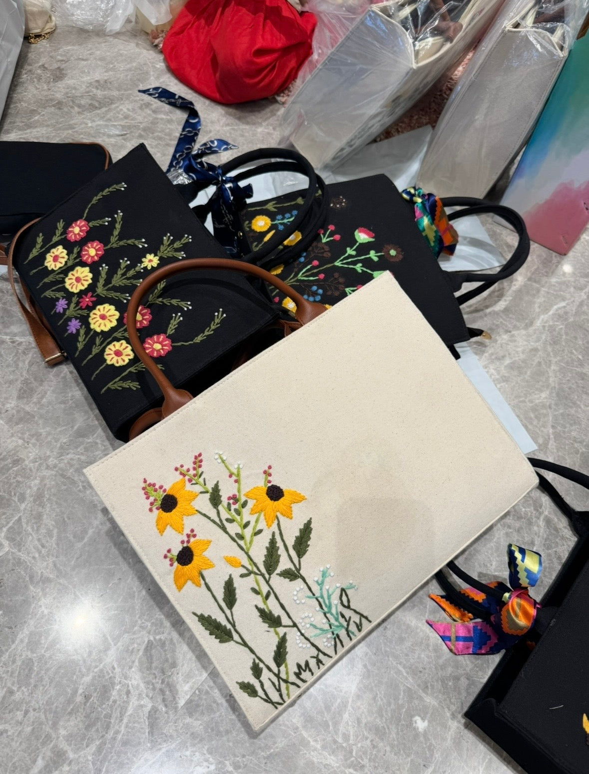 Customized Canvas Denim Multi Floral Embroidered Bag