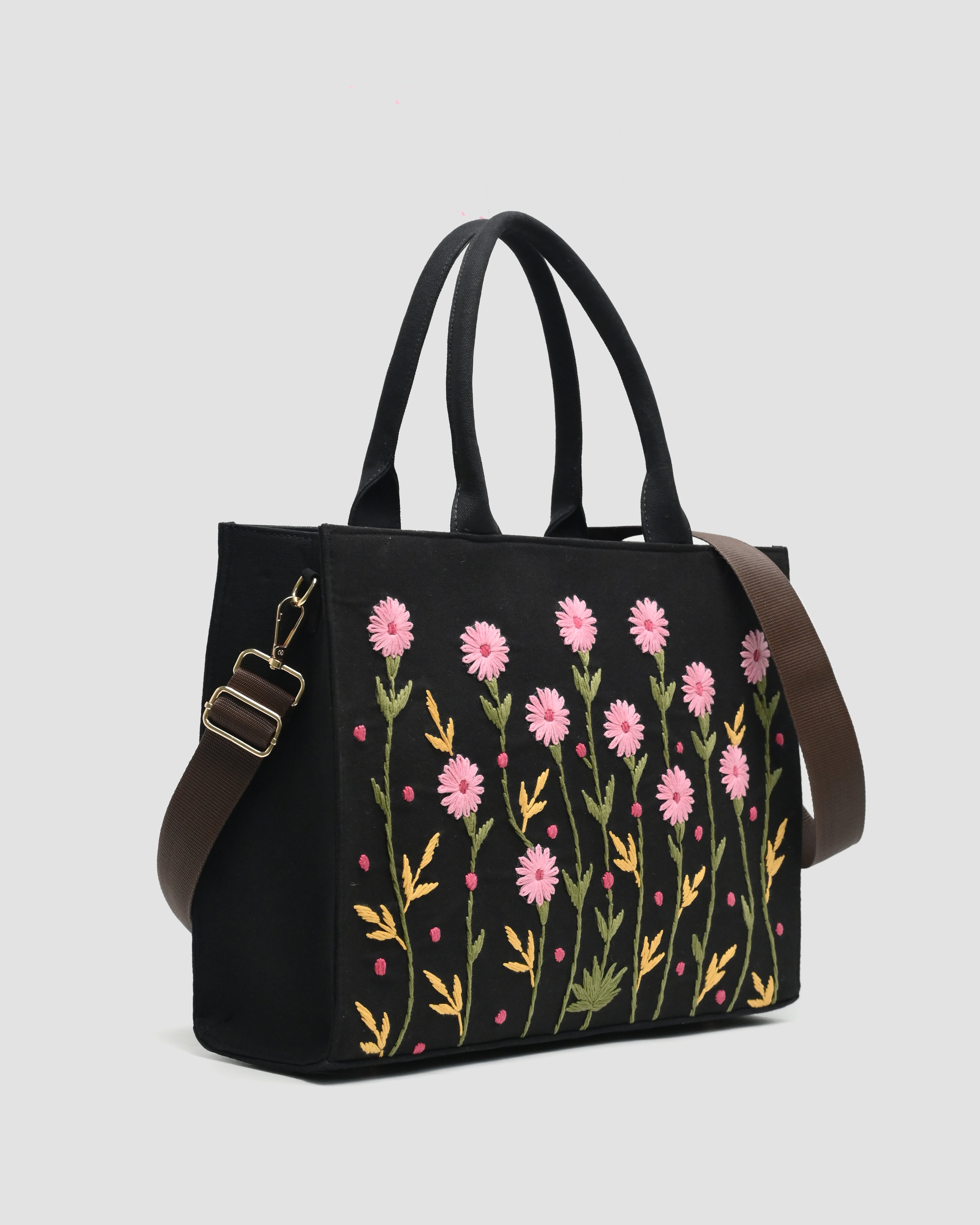 Canvas Multi Floral Embroidered Bag - Black