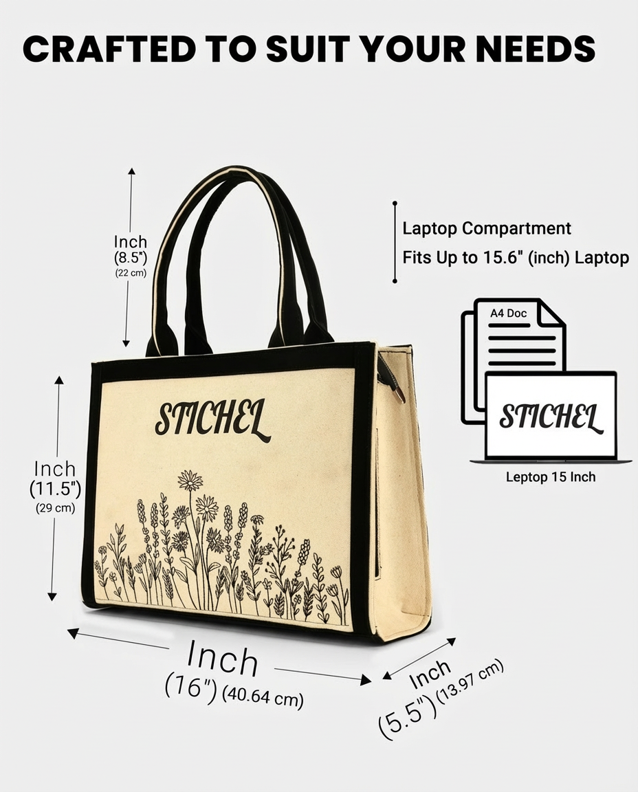 Customized Canvas Denim Embroidered Floral art Designer Tote Bag - Black
