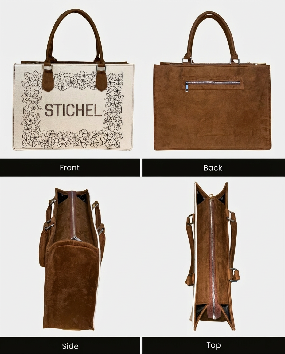 Customized Bloom Frame Embroidered Tote Bag – Brown Suede Edition