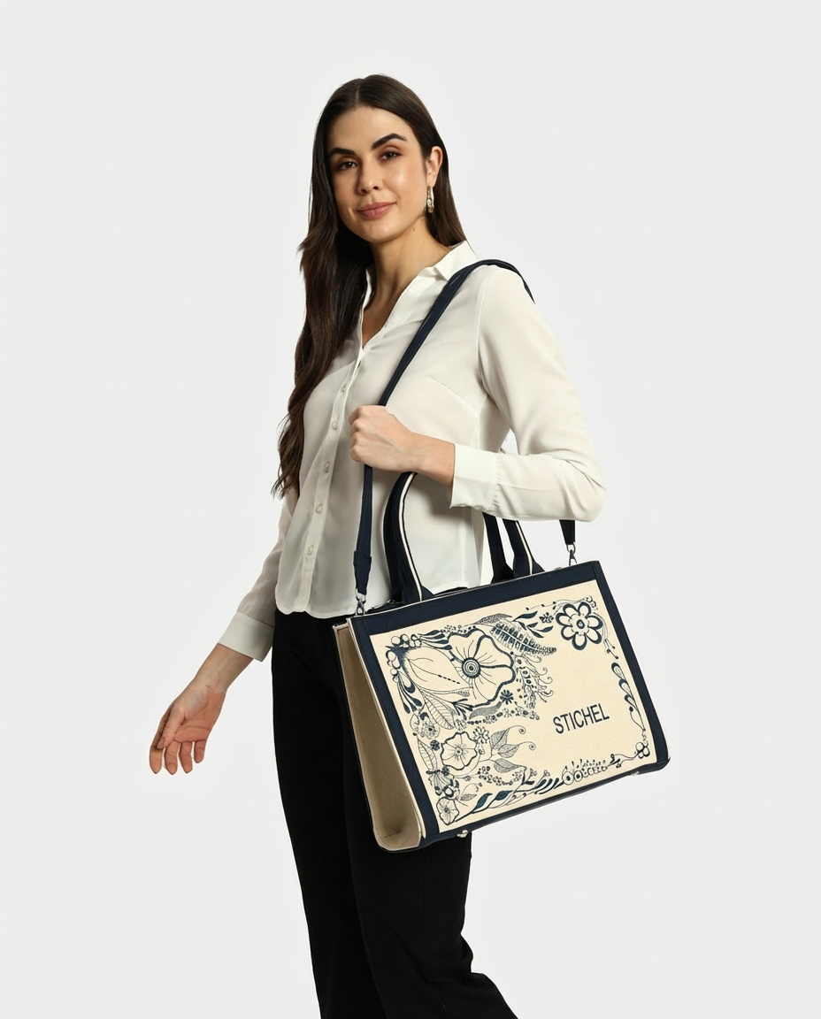 Customized Canvas Denim Embroidered doodle and Zentangle art Designer Tote Bag - Dark Blue