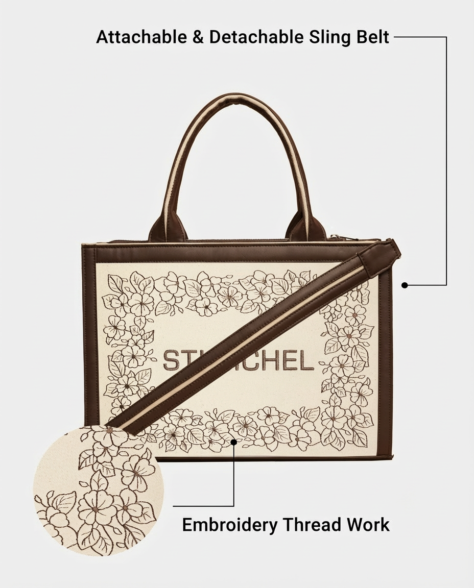 Elegant Floral Bliss Dark Brown Embroidered Tote Bag