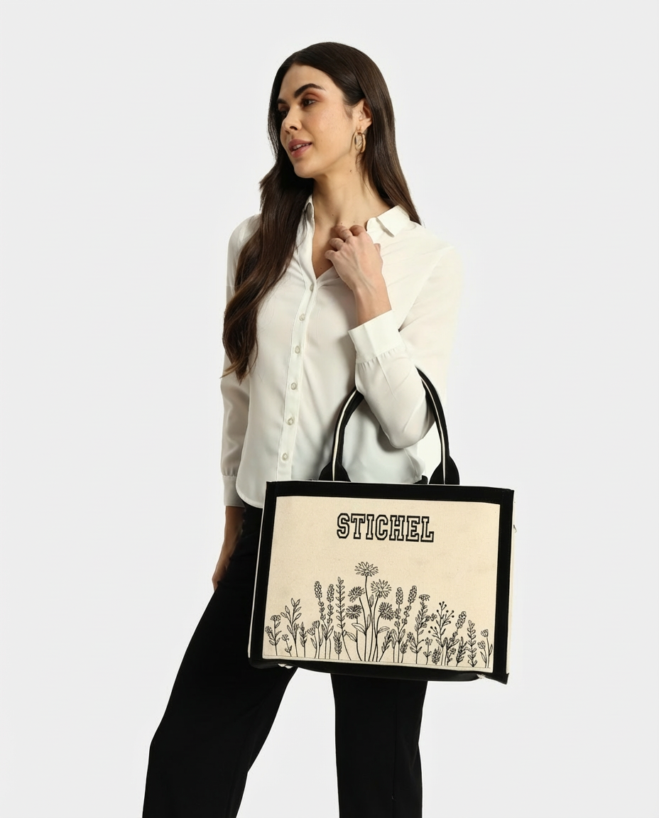 Customized Canvas Denim Embroidered Floral art Designer Tote Bag - Black