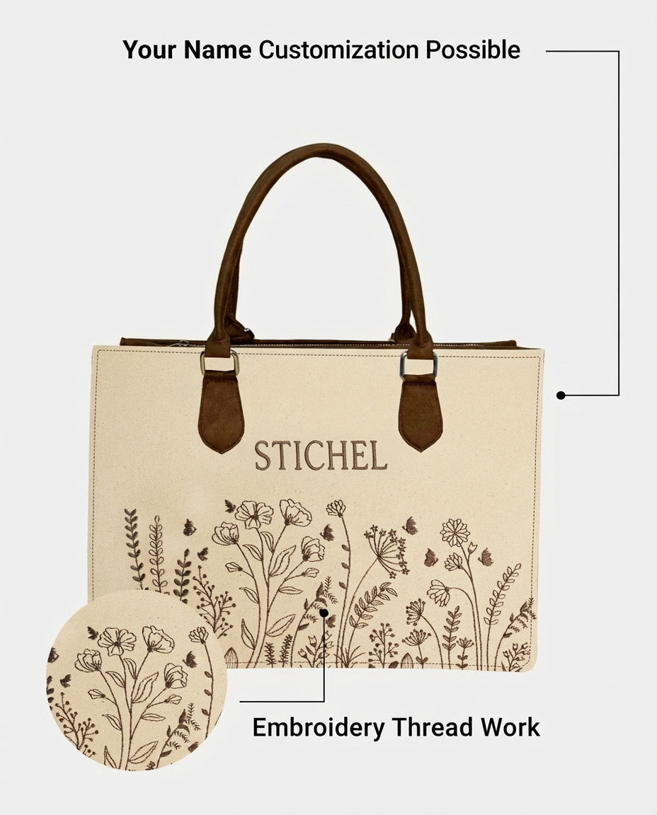 Customized Floral Canvas Embroidered Tote Bag – Brown Suede Edition