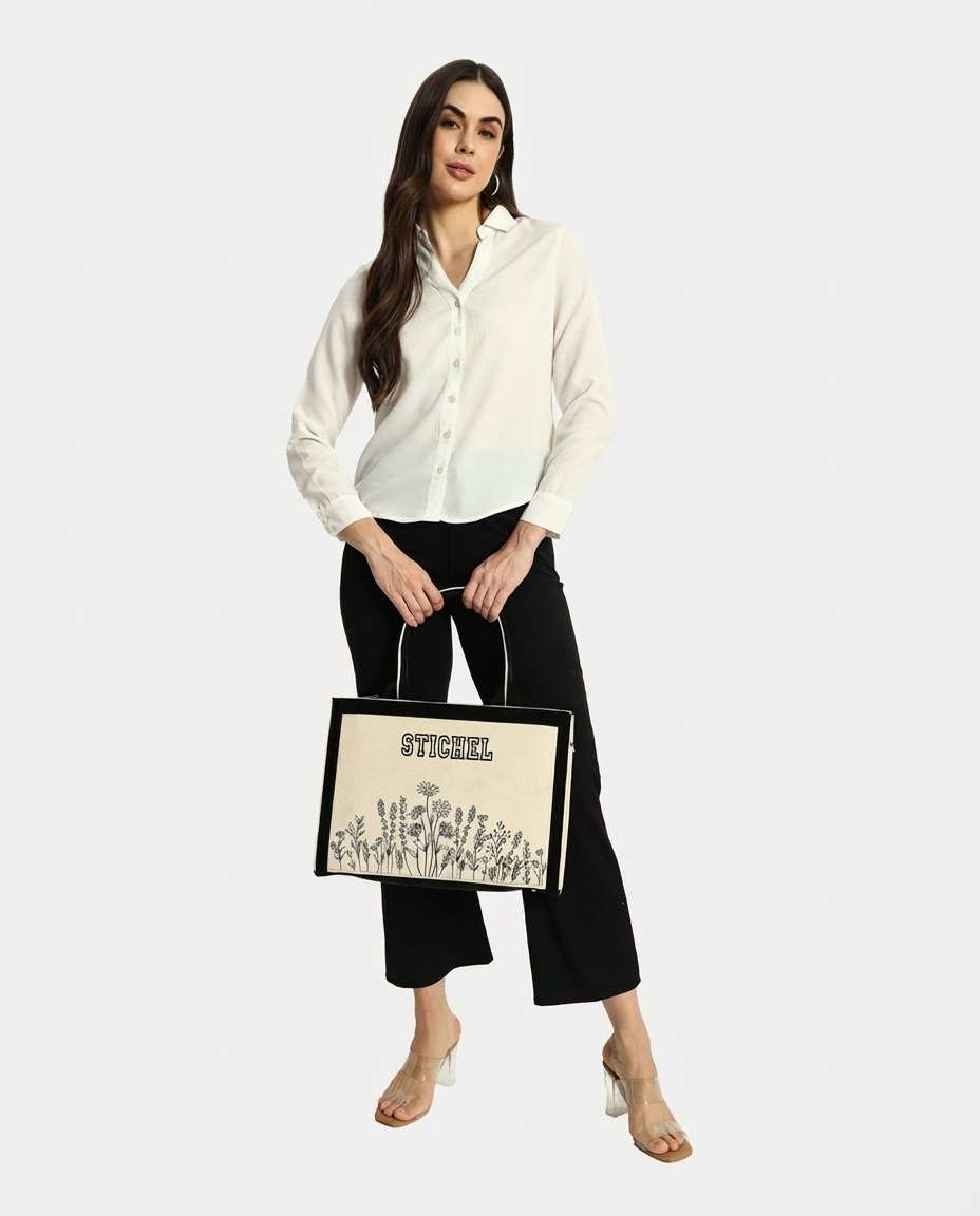 Customized Canvas Denim Embroidered Floral art Designer Tote Bag - Black