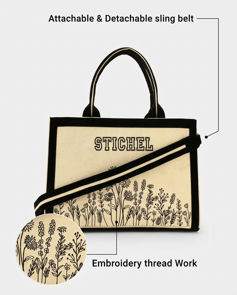 Customized Canvas Denim Embroidered Floral art Designer Tote Bag - Black