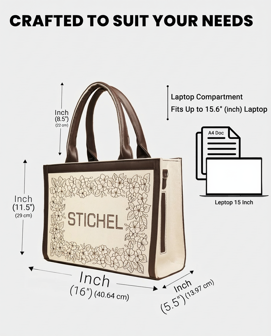 Elegant Floral Bliss Dark Brown Embroidered Tote Bag