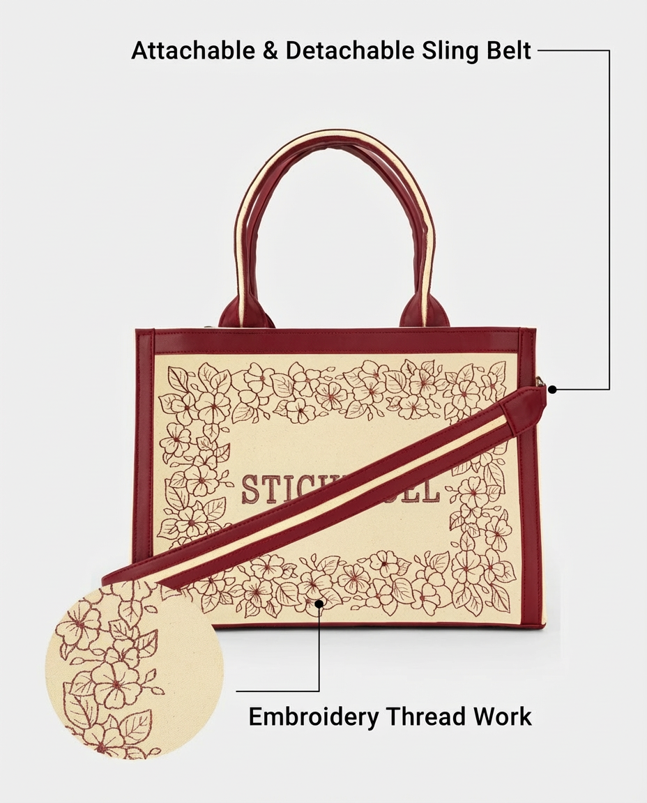 Designer Floral Pattern Wine Embroidered Tote Bag