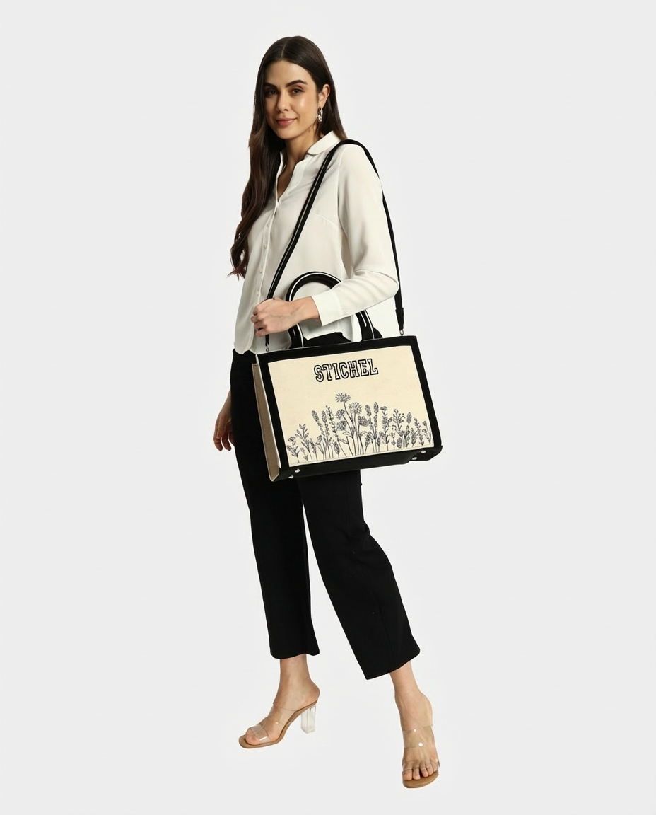 Customized Canvas Denim Embroidered Floral art Designer Tote Bag - Black