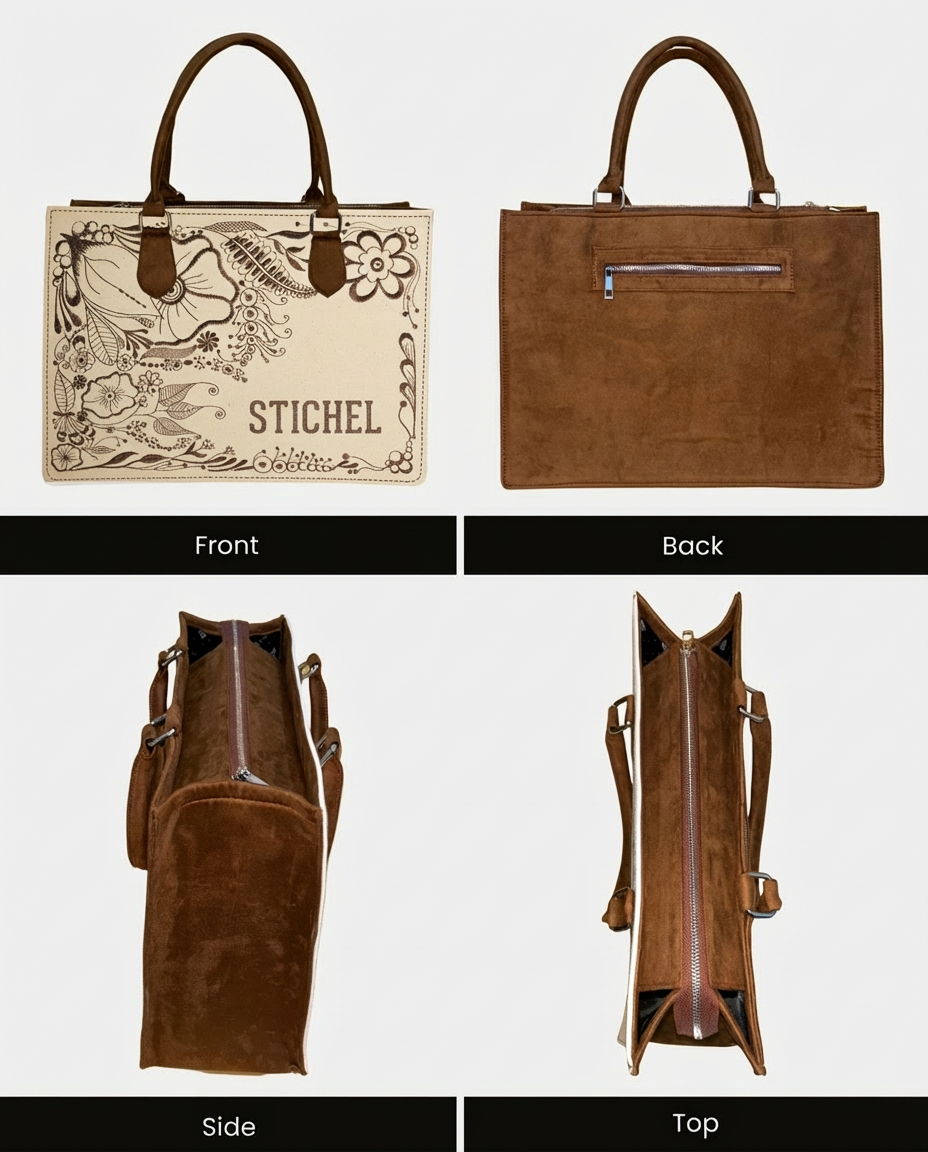 Customized Floral Canvas Embroidered Tote Bag – Brown Suede Edition