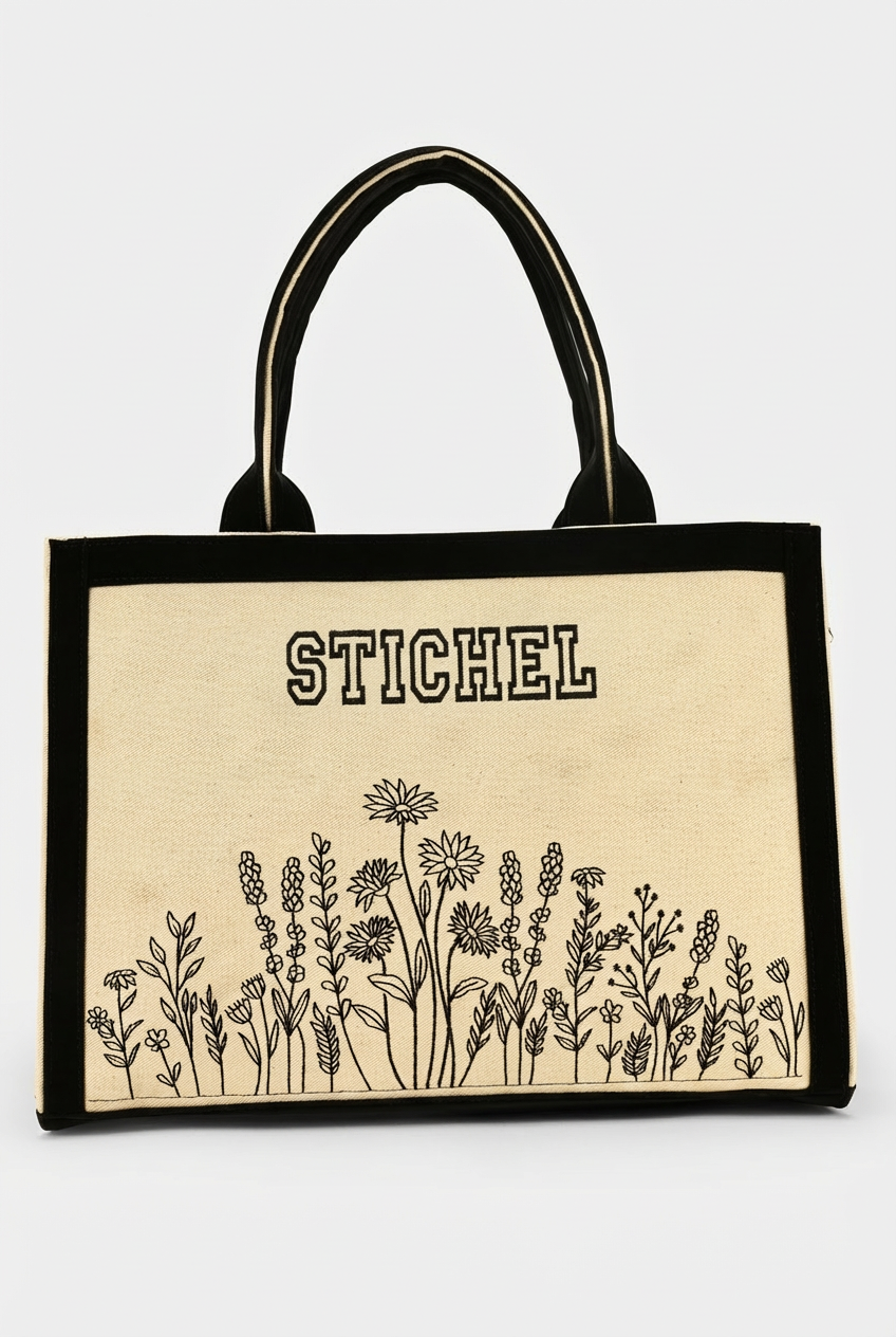 Customized Canvas Denim Embroidered Floral art Designer Tote Bag - Black