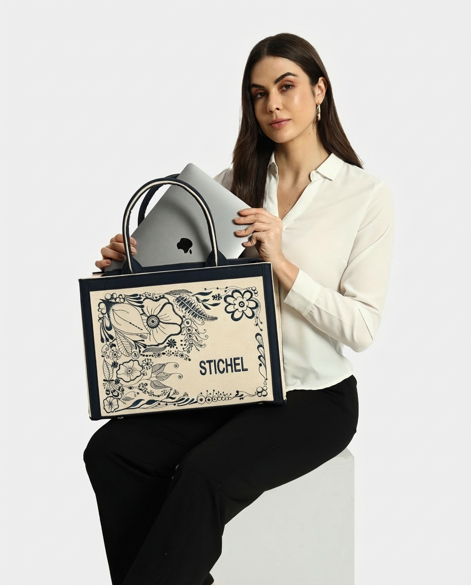 Customized Canvas Denim Embroidered doodle and Zentangle art Designer Tote Bag - Dark Blue