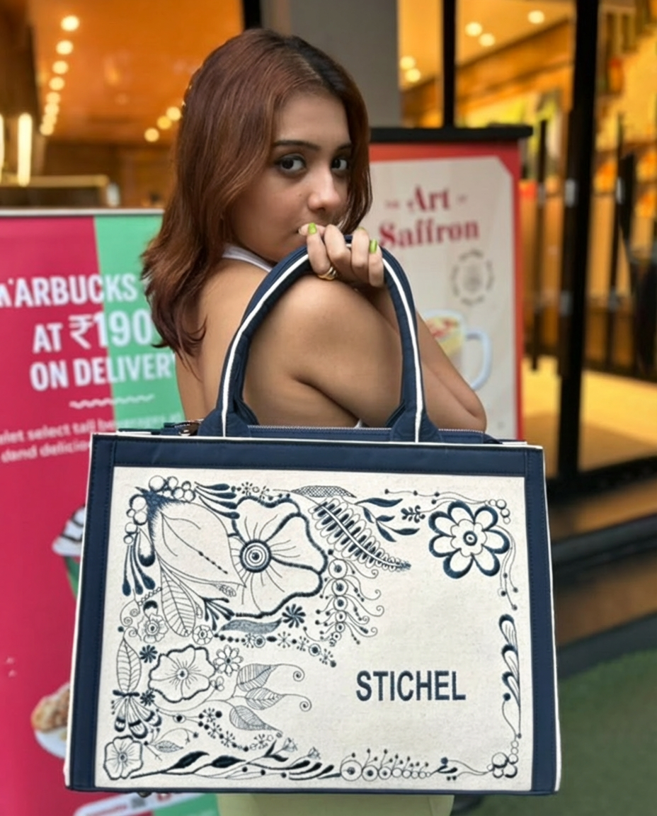 Customized Canvas Denim Embroidered doodle and Zentangle art Designer Tote Bag - Dark Blue