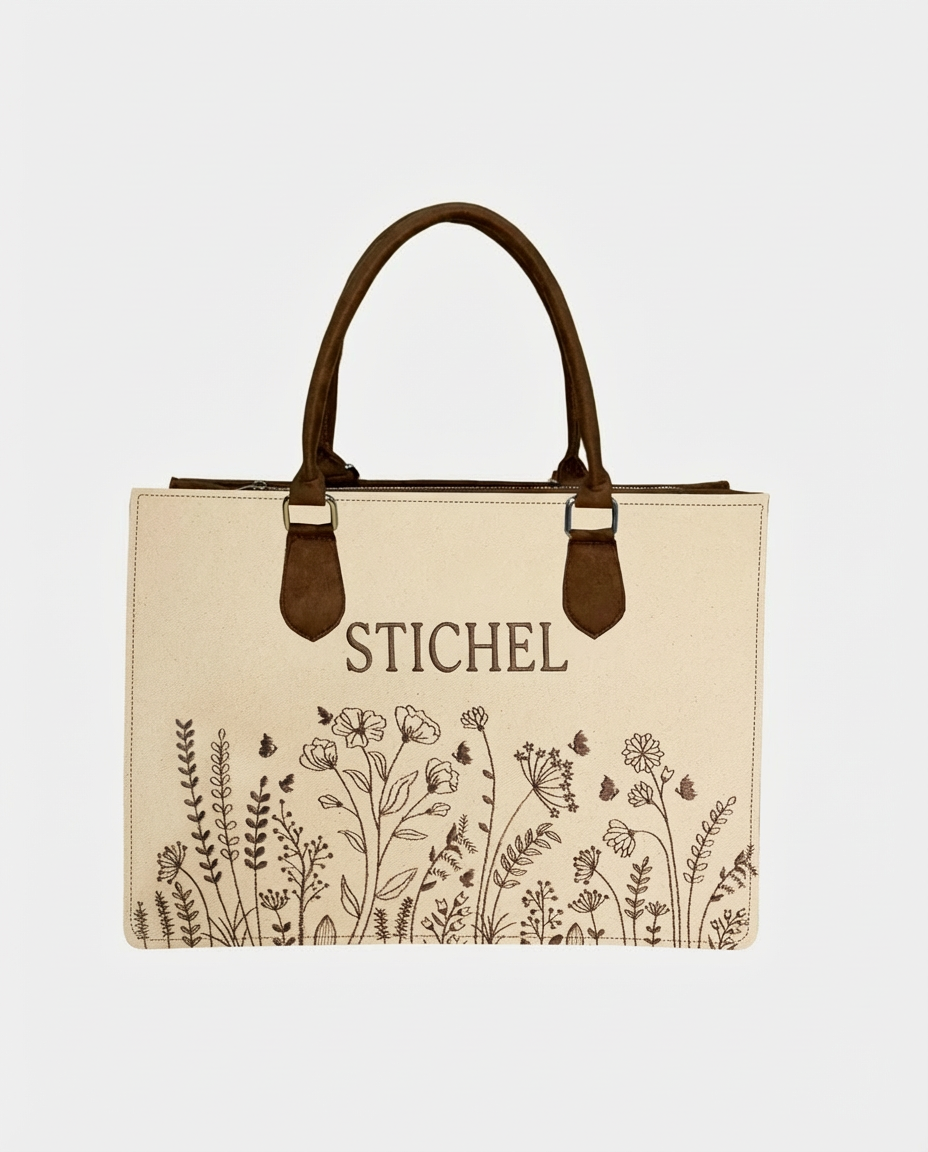 Customized Floral Canvas Embroidered Tote Bag – Brown Suede Edition