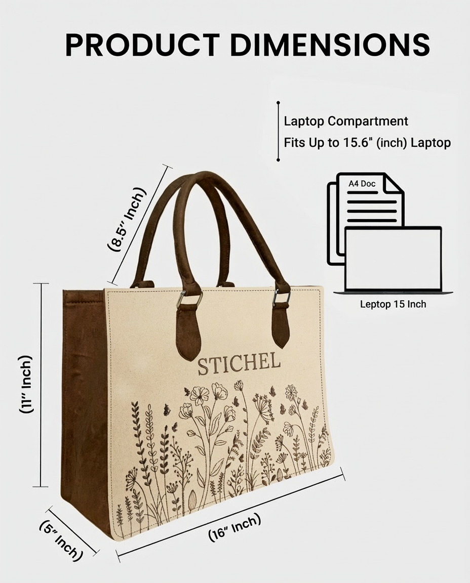 Customized Floral Canvas Embroidered Tote Bag – Brown Suede Edition