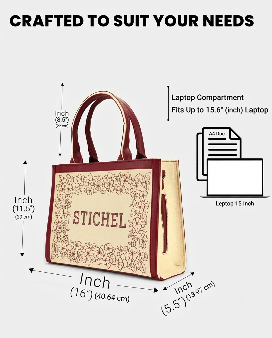 Designer Floral Pattern Wine Embroidered Tote Bag