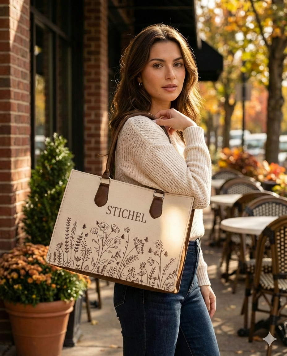 Customized Wild Meadow Embroidered Tote Bag – Brown Suede Edition