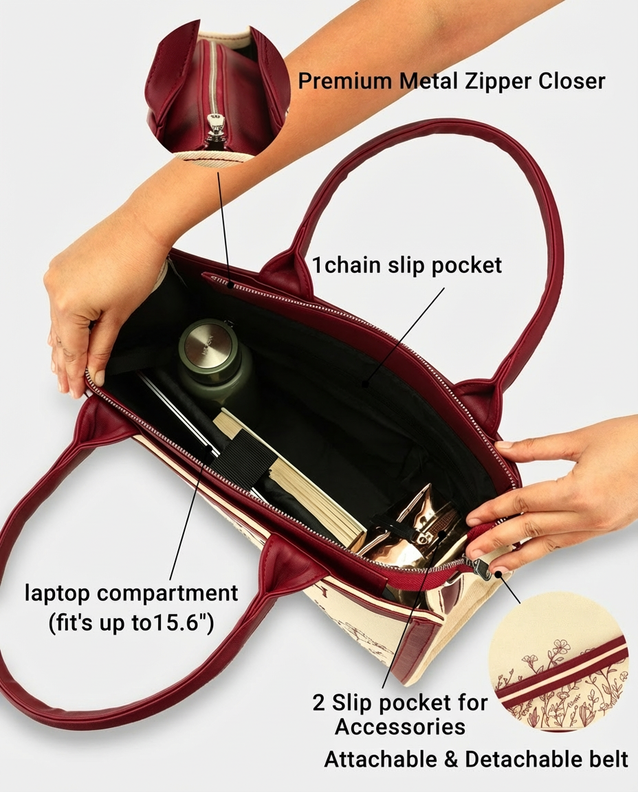 Designer Floral Pattern Wine Embroidered Tote Bag