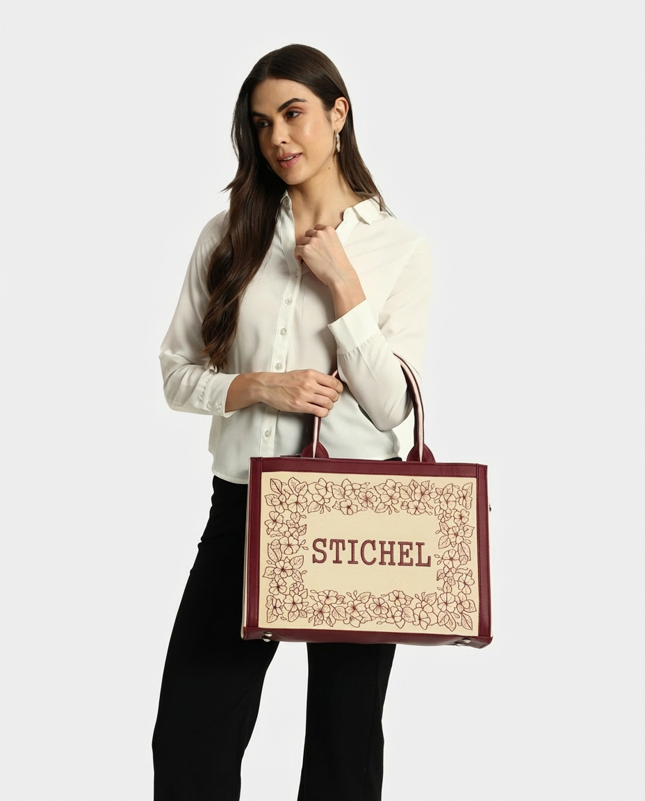 Designer Floral Pattern Wine Embroidered Tote Bag