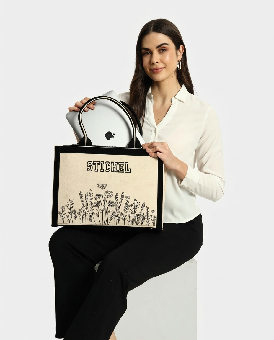 Customized Canvas Denim Embroidered Floral art Designer Tote Bag - Black