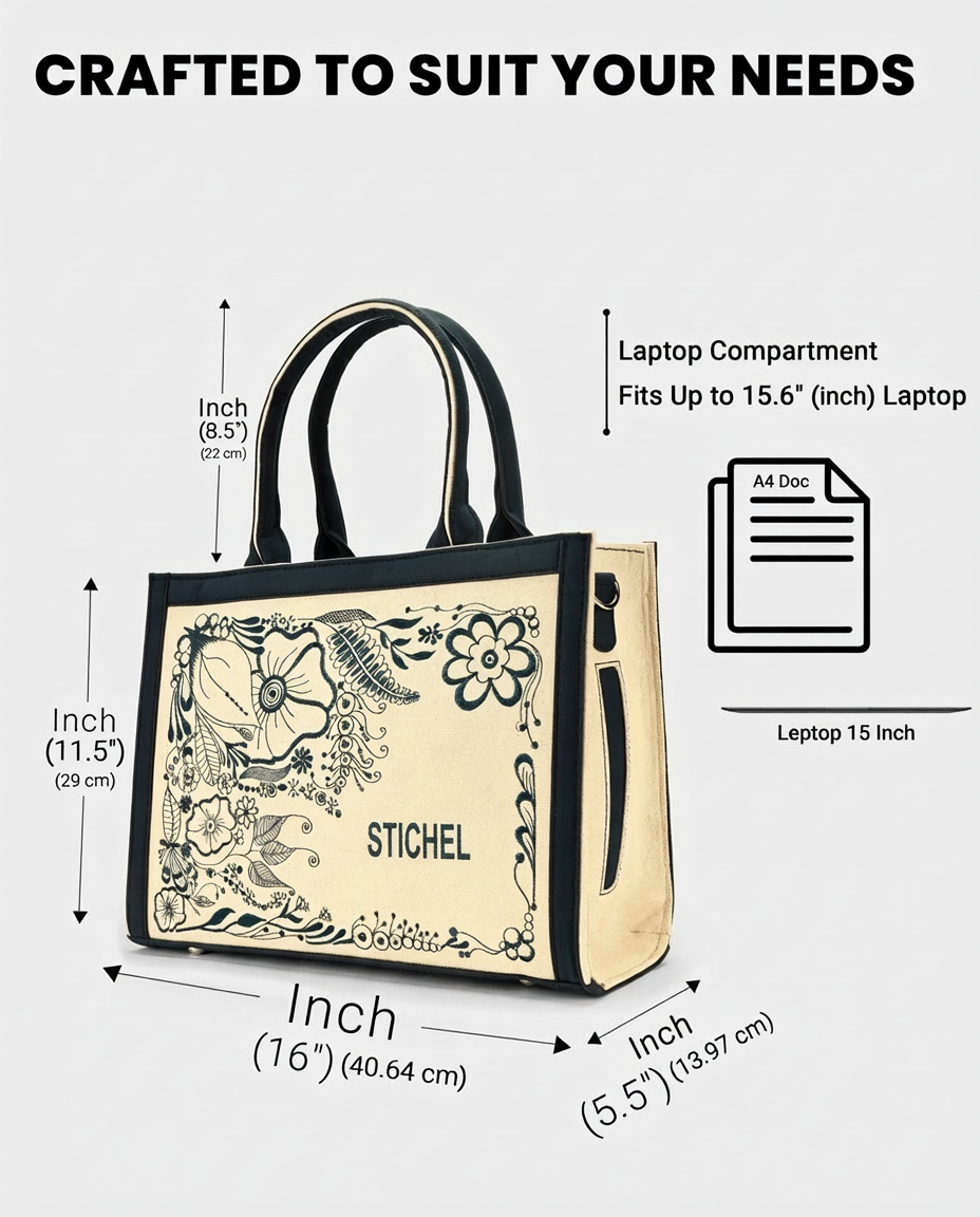 Customized Canvas Denim Embroidered doodle and Zentangle art Designer Tote Bag - Dark Blue