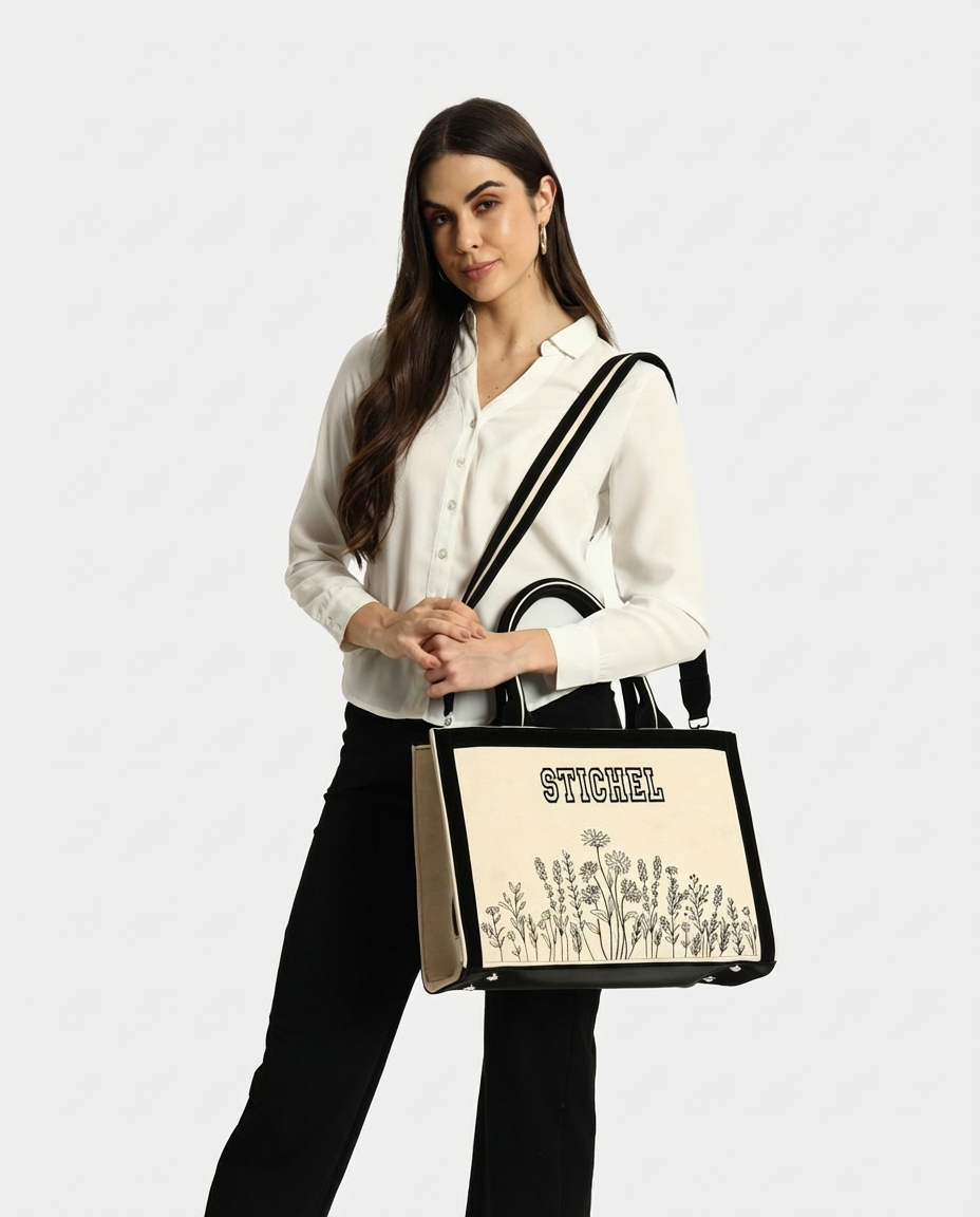 Customized Canvas Denim Embroidered Floral art Designer Tote Bag - Black