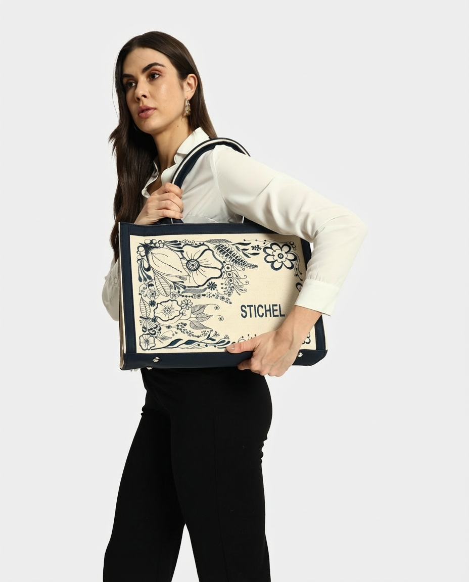 Customized Canvas Denim Embroidered doodle and Zentangle art Designer Tote Bag - Dark Blue