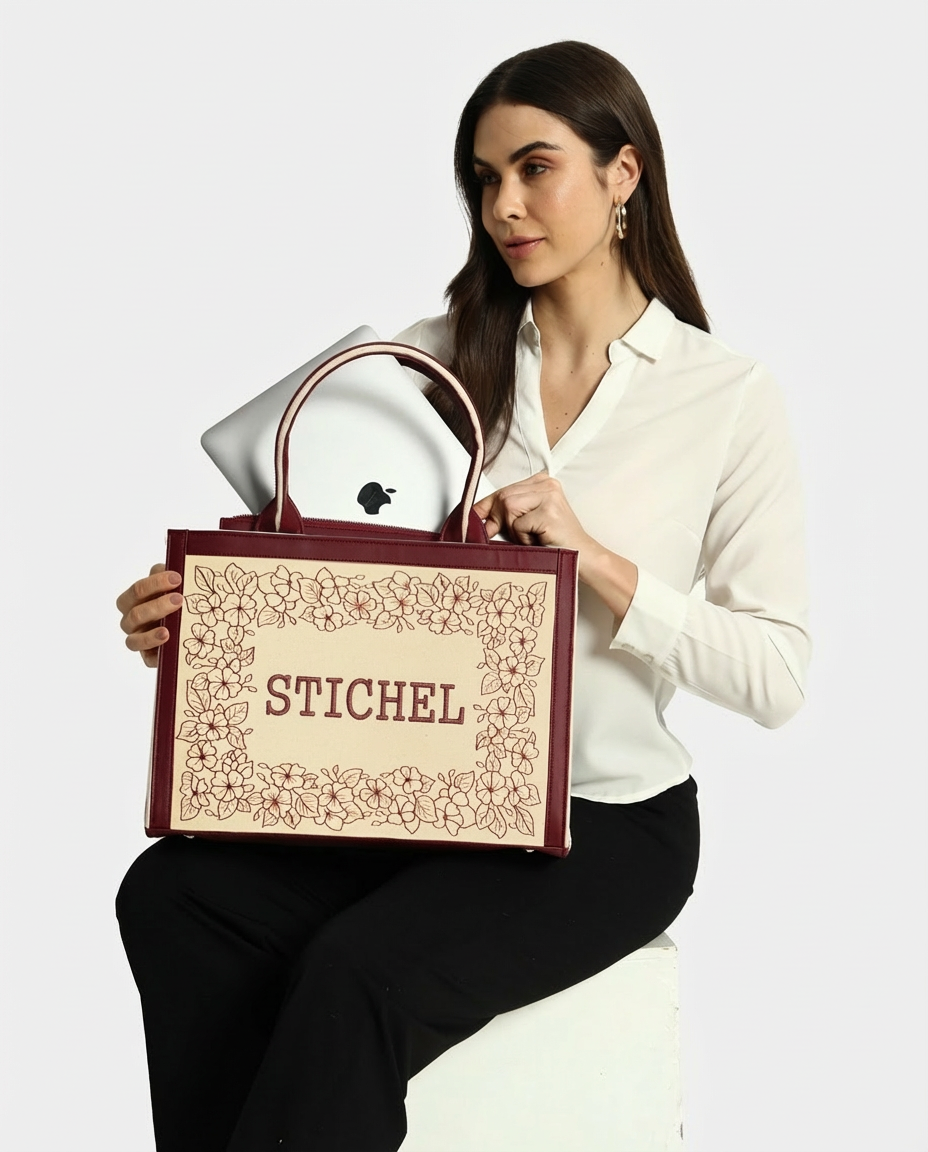 Designer Floral Pattern Wine Embroidered Tote Bag