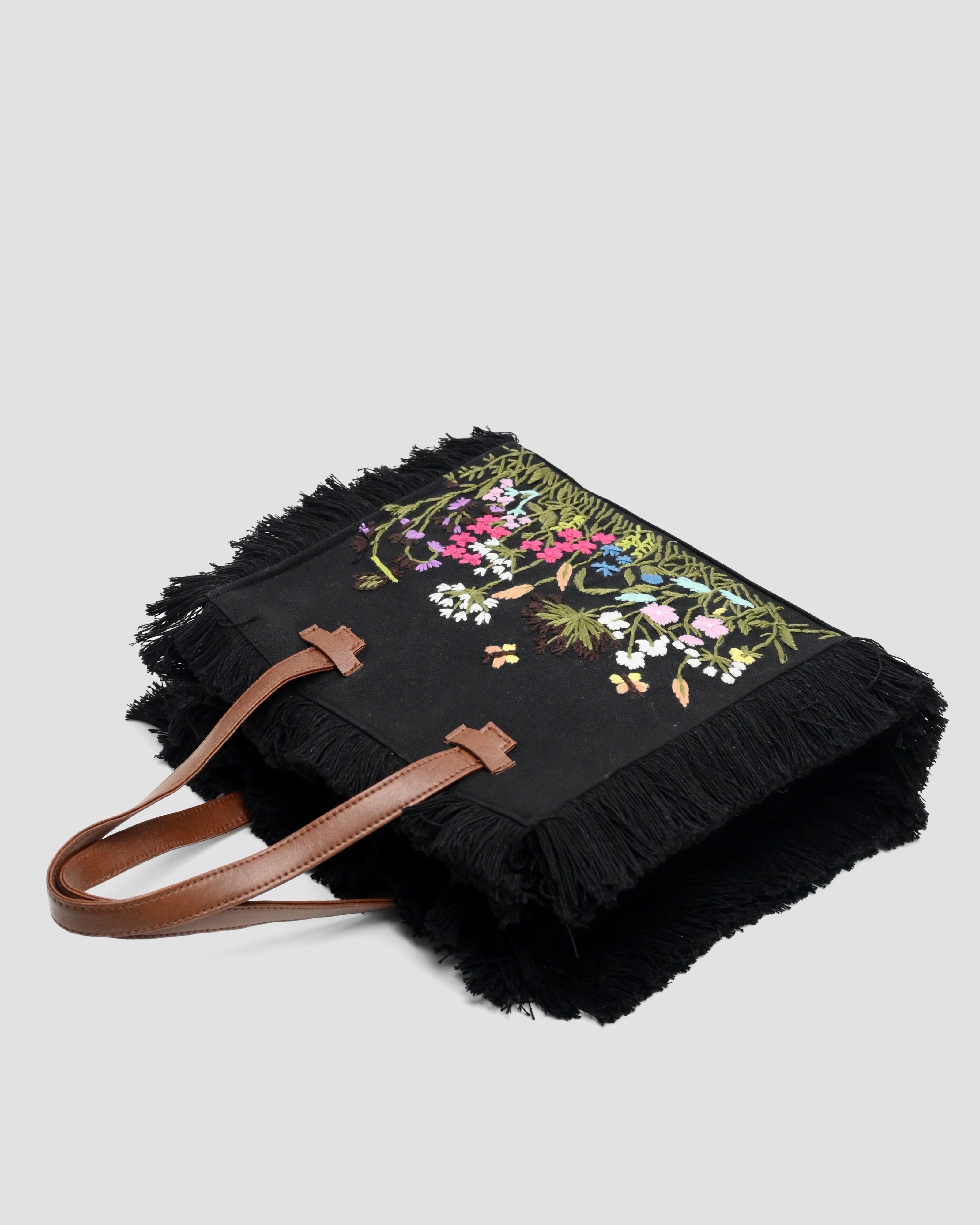 Customized Canvas Multi Floral Embroidered Serene Bag Black/White