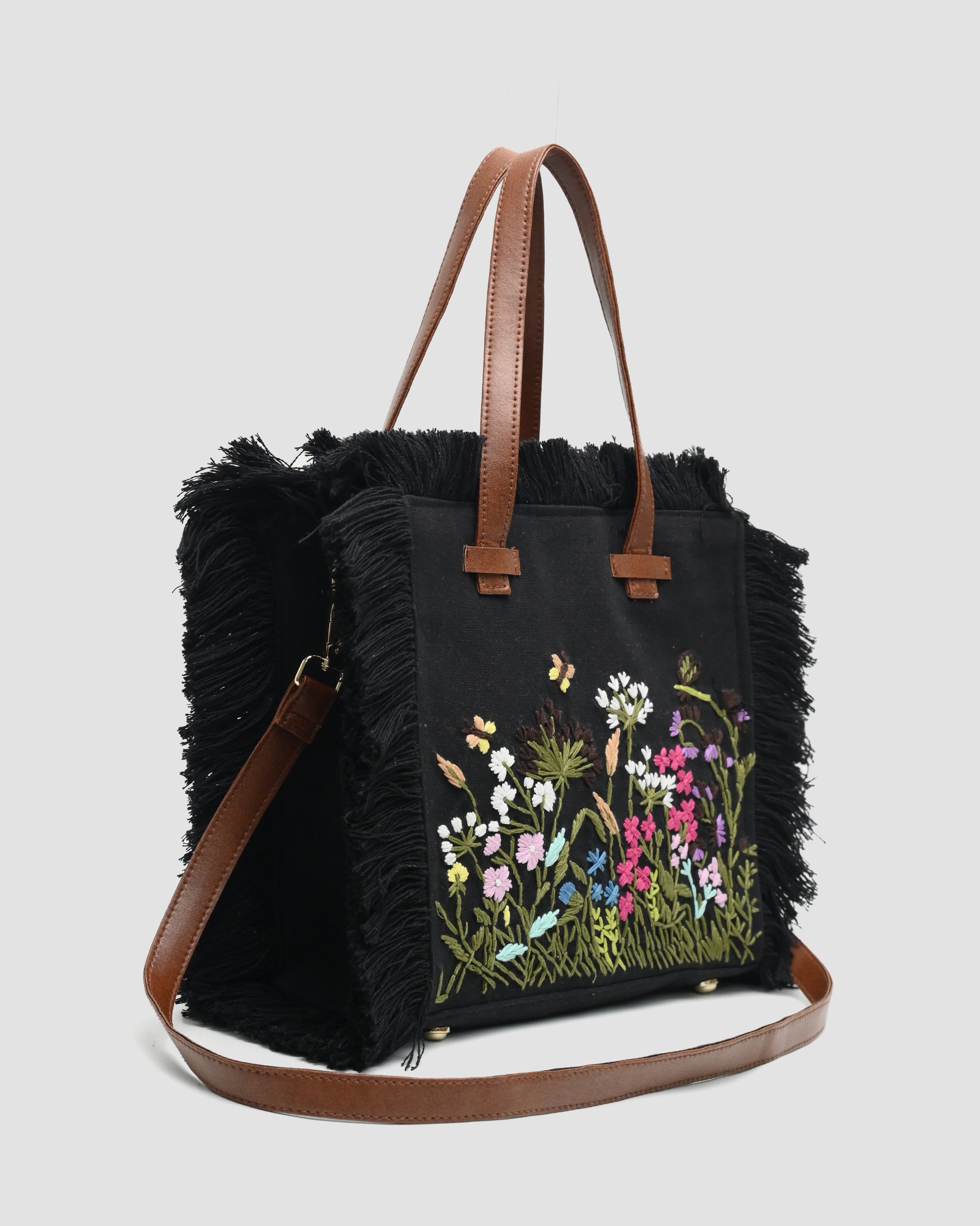 Customized Canvas Multi Floral Embroidered Serene Bag Black/White