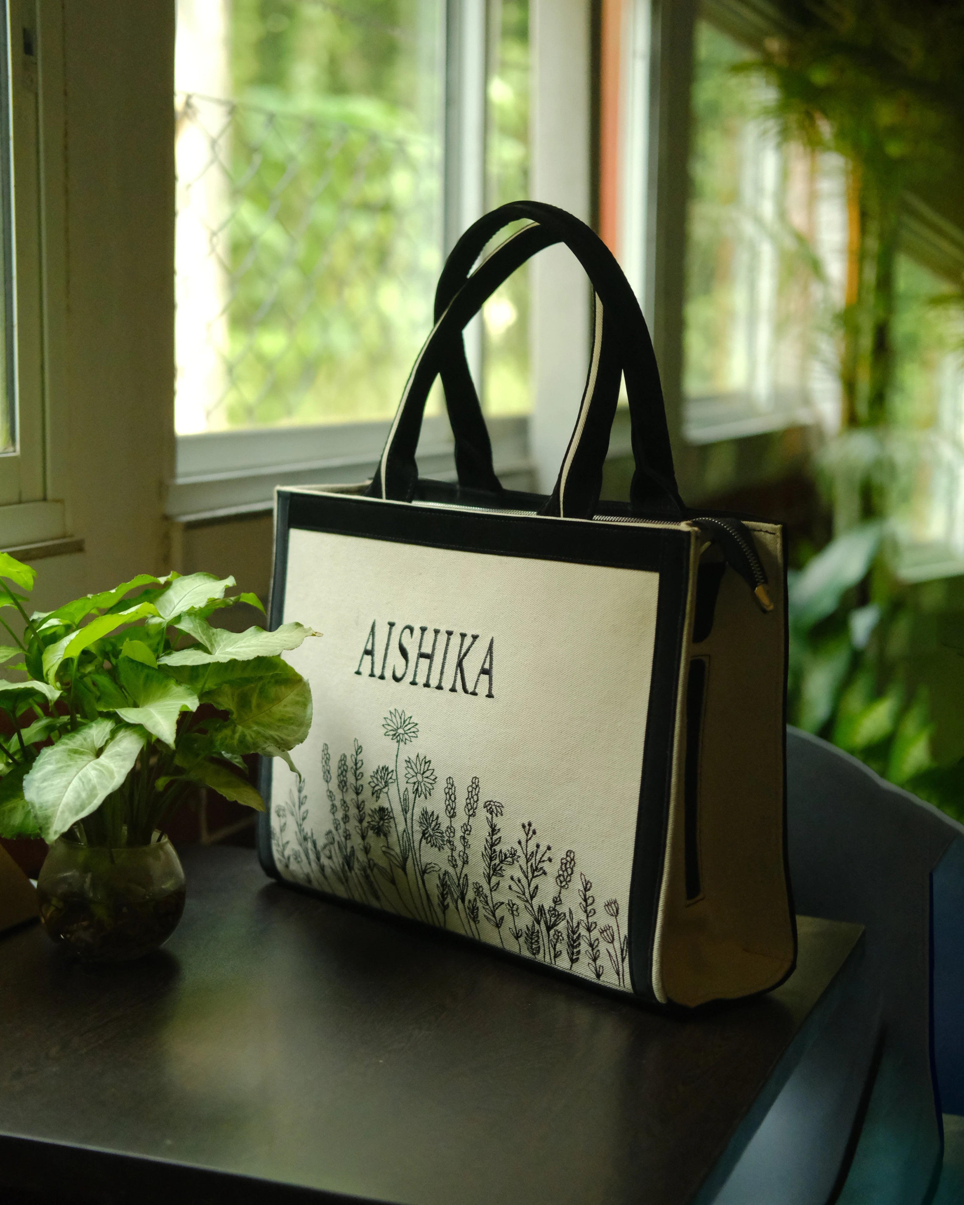 Customized Canvas Denim Embroidered Floral art Designer Tote Bag - Black