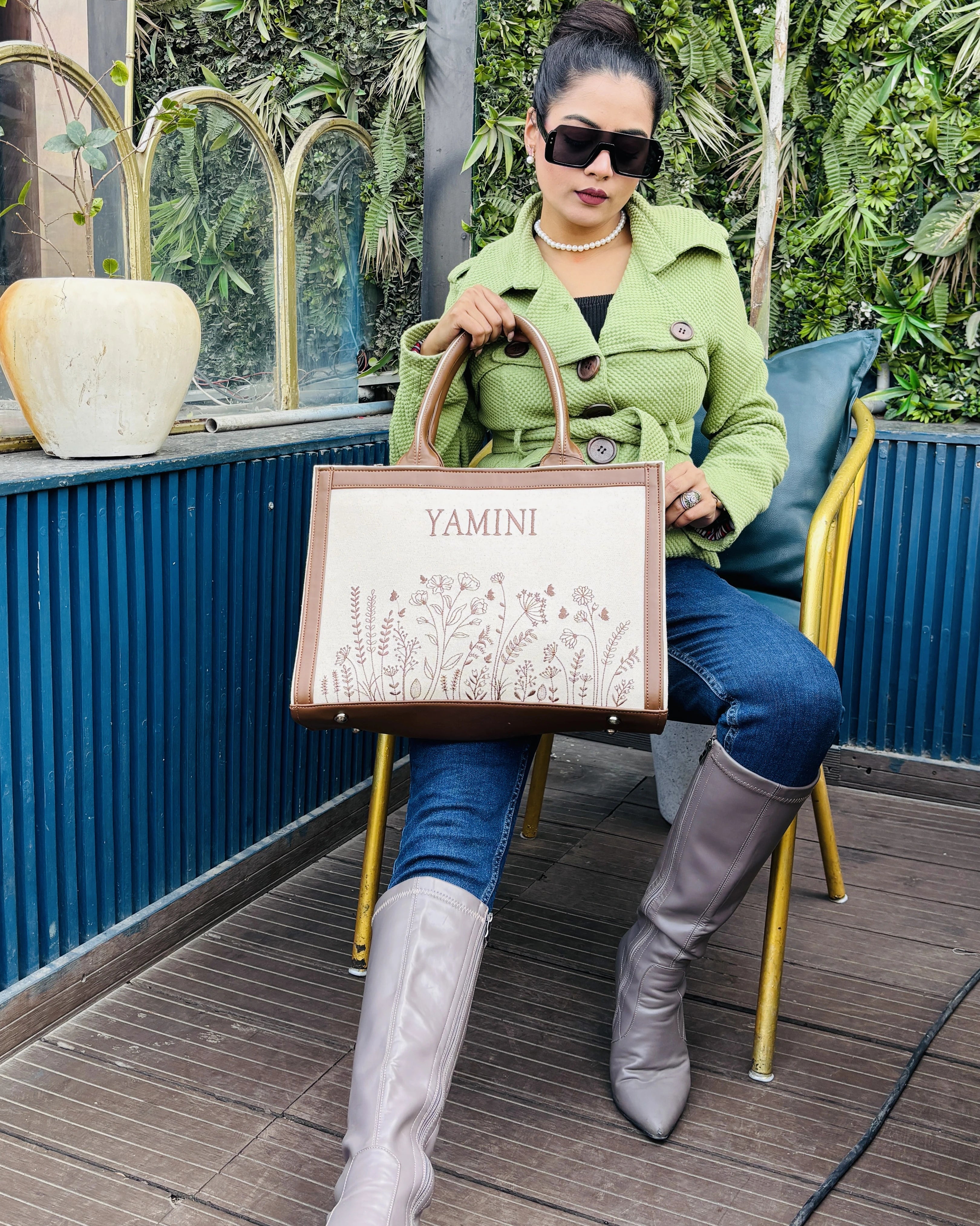 Customized Canvas Denim Multi Floral Embroidered Bag