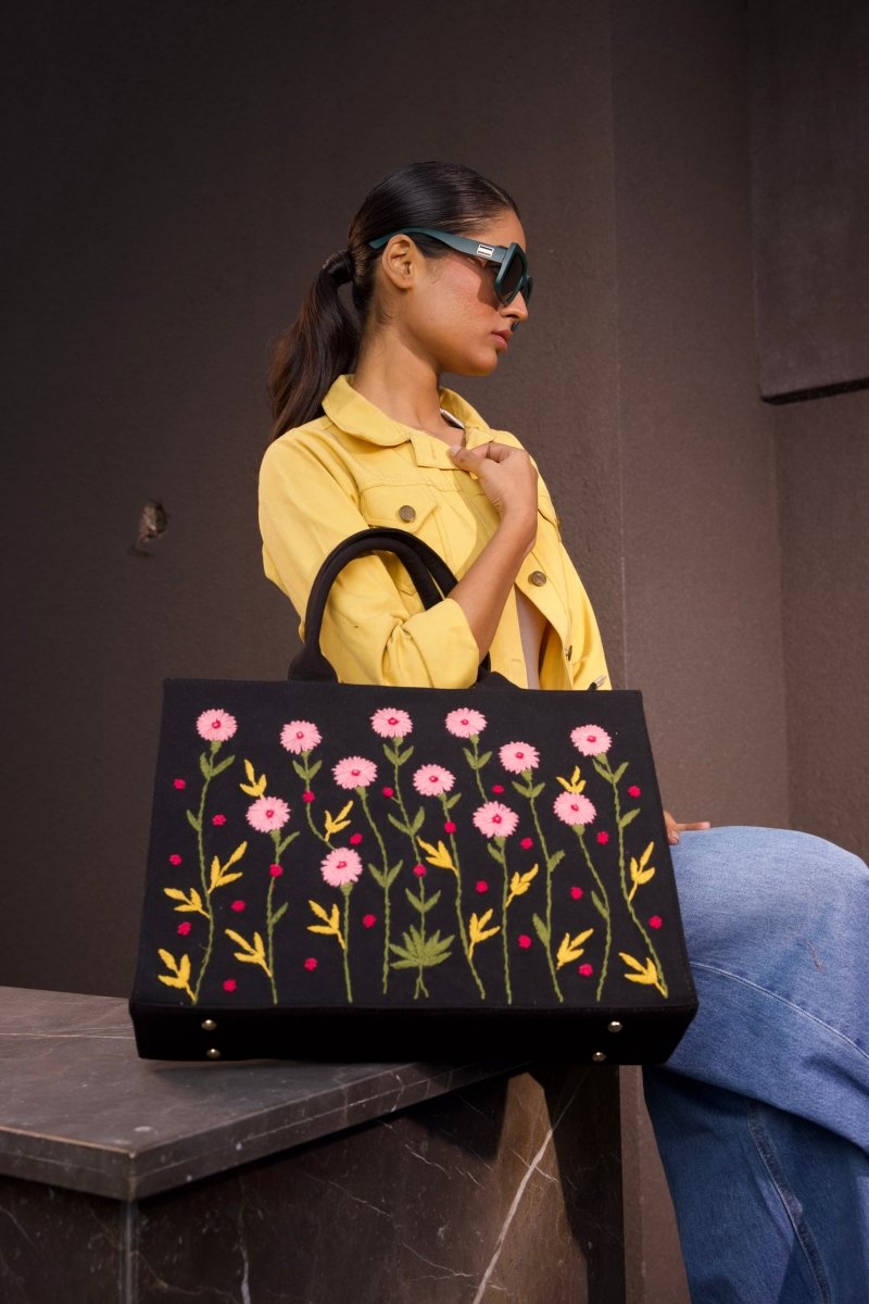 Canvas Multi Floral Embroidered Bag - Black